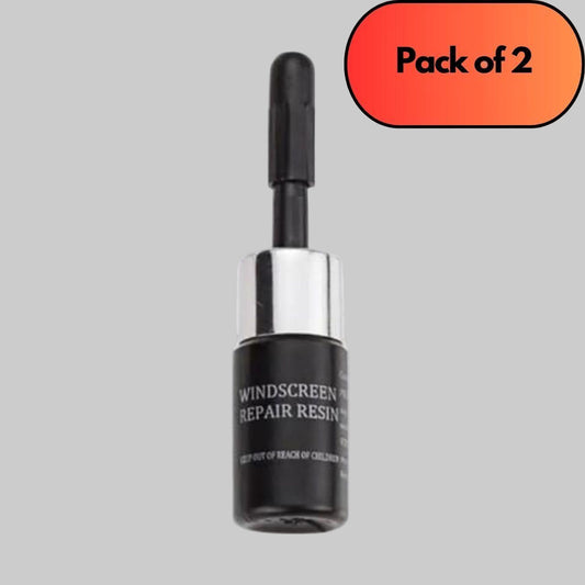 Bottle of windscreen repair resin with applicator on a marble background, labeled 'Pack of 2'.