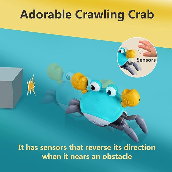 Toy crab with sensors on a blue and yellow background