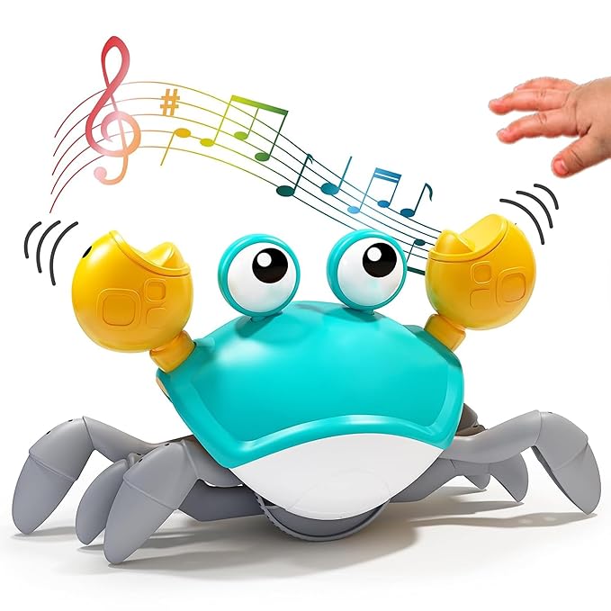 Toy crab with musical notes and a hand interacting with it on a white background